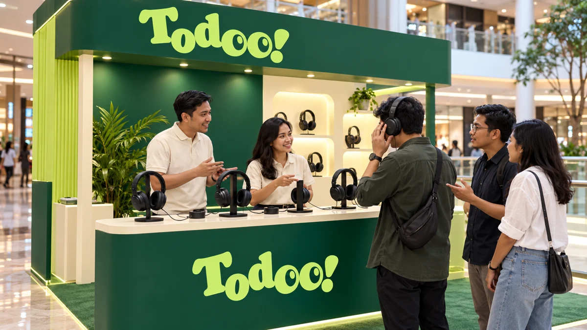 Concept for a green and lime Todoo! audio demonstration booth with visitors trying headphones