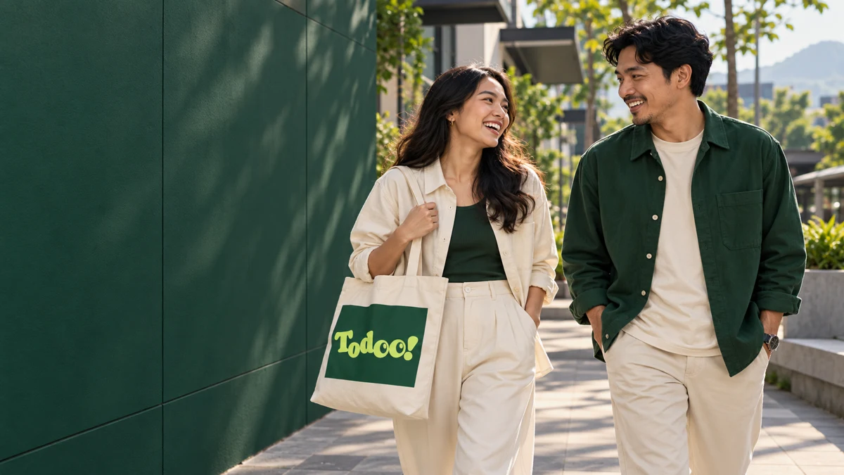 Fashion campaign concept with two models wearing green and cream and a Todoo! tote bag